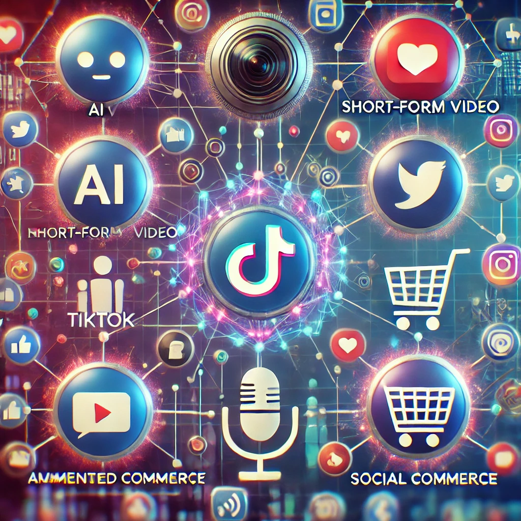 Illustration of social media marketing trends for 2024, including AI, short-form video, augmented reality, social commerce, and social audio